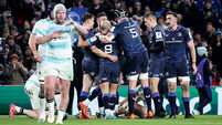 Robbie Henshaw celebrates scoring his first try with teammates 18/1/2025