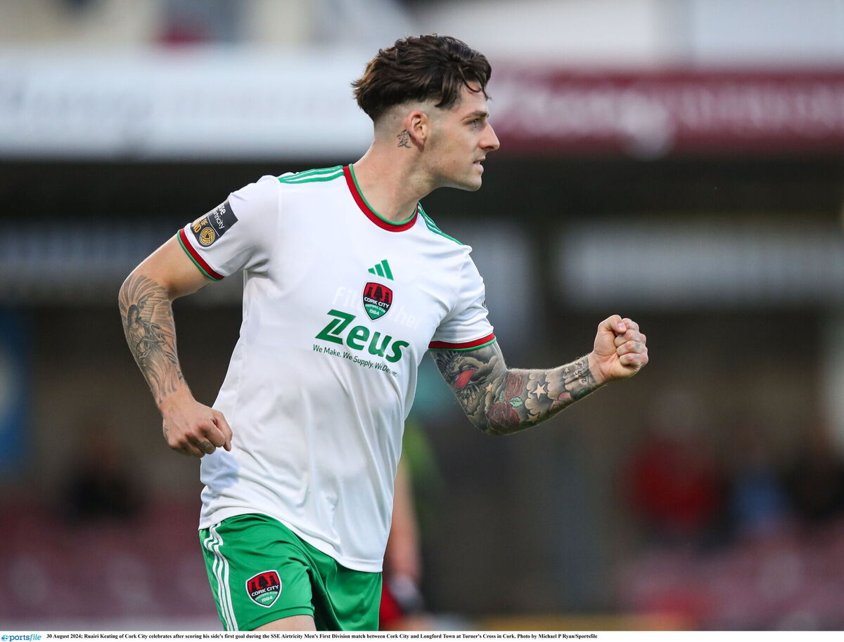 Ruairi Keating of Cork City celebrates after scoring his side's first goal during the SSE Airtricity Men's First Division match between Cork City and Longford Town at Turner's Cross in Cork. Photo by Michael P Ryan/Sportsfile Ruairi Keating of Cork City celebrates after scoring his side's first goal during the SSE Airtricity Men's First Division match between Cork City and Longford Town at Turner's Cross in Cork. Photo by Michael P Ryan/Sportsfile