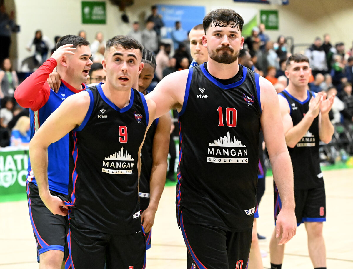 UCC Demons players James Hannigan and David Lehane after the defeat to Killester in the Pat Duffy national cup final at the National Basketball Arena, Tallaght. Picture: Eddie O'Hare UCC Demons players James Hannigan and David Lehane after the defeat to Killester in the Pat Duffy national cup final at the National Basketball Arena, Tallaght. Picture: Eddie O'Hare