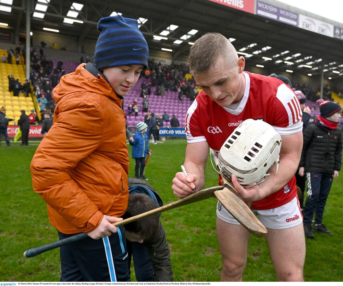 Tommy O'Connell of Cork signs a hurl after the Allianz Hurling League Division 1 Group A match between Wexford and Cork at Chadwicks Wexford Park in Wexford. Photo by Ray McManus/Sportsfile