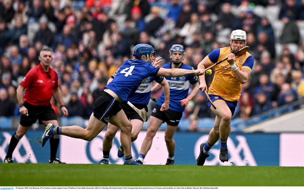Tom Brennan of Na Fianna in action against Conor O'Sullivan of Sarsfields. Picture: Ben McShane/Sportsfile Tom Brennan of Na Fianna in action against Conor O'Sullivan of Sarsfields. Picture: Ben McShane/Sportsfile