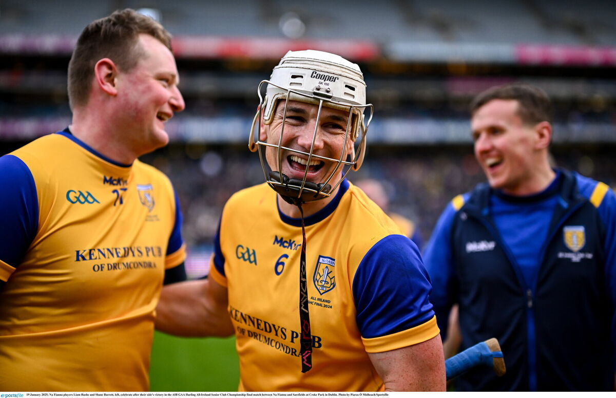 Na Fianna players Liam Rushe and Shane Barrett, left, celebrate after their victory. Picture: Piaras Ó Mídheach/Sportsfile Na Fianna players Liam Rushe and Shane Barrett, left, celebrate after their victory. Picture: Piaras Ó Mídheach/Sportsfile