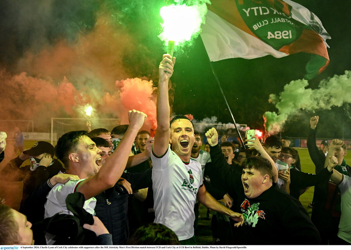 Charlie Lyons of Cork City celebrates with supporters after the SSE Airtricity Men's First Division match between UCD and Cork City at UCD Bowl in Belfield, Dublin. Photo by David Fitzgerald/Sportsfile