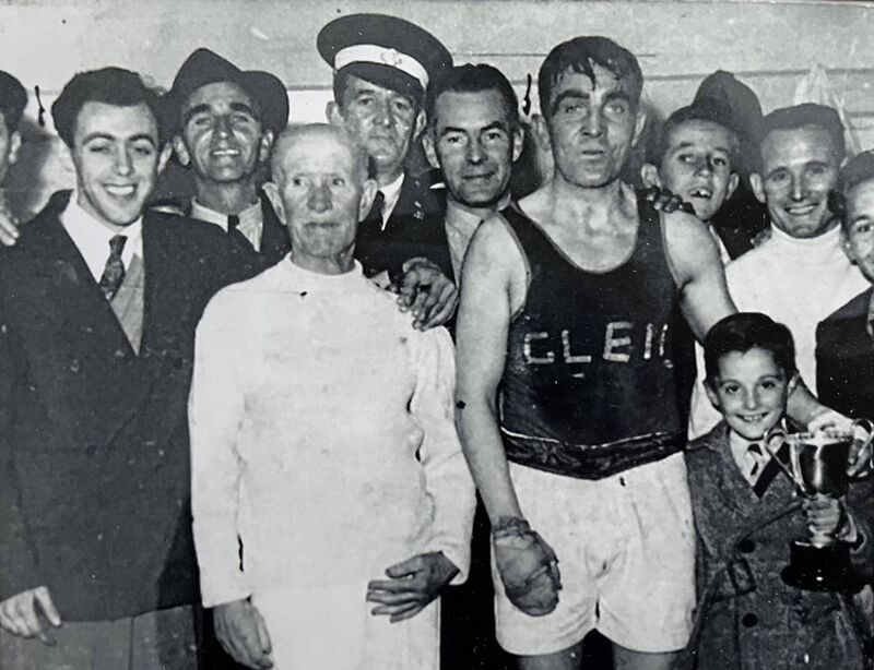 Paddy ‘the Champ’ Martin, immediately after his victory over Joe Bygraves in Cork City Hall on Friday night, January 12, 1951. Beside him is his young nephew, John Sheehan. Picture courtesy of John Sheehan.