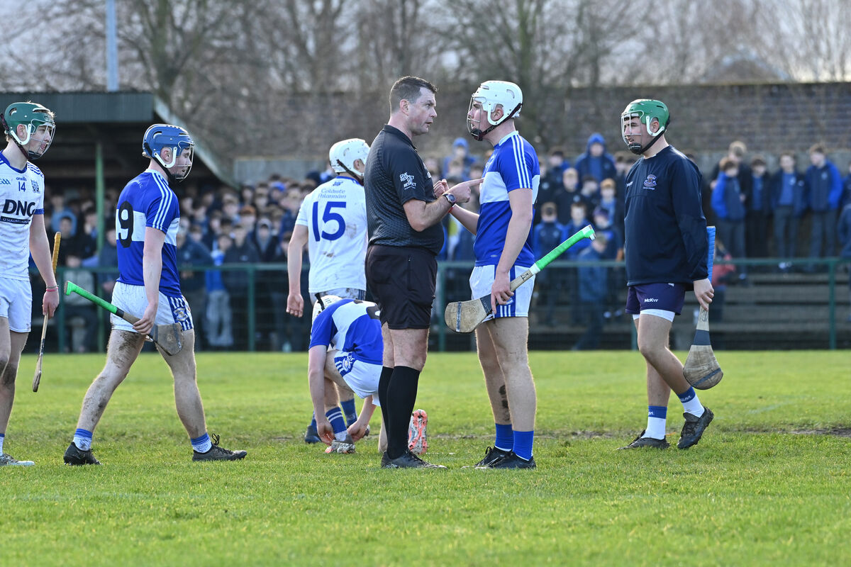  Referee John O'Halloran having words with Séamas Mac Seoin, Gaelcholaiste Mhuire AG in the TUS Dr Harty Cup (U19 A Hurling) semi-final against St Flannans, Ennis at Kilmallock, Co Limerick. Picture Dan Linehan