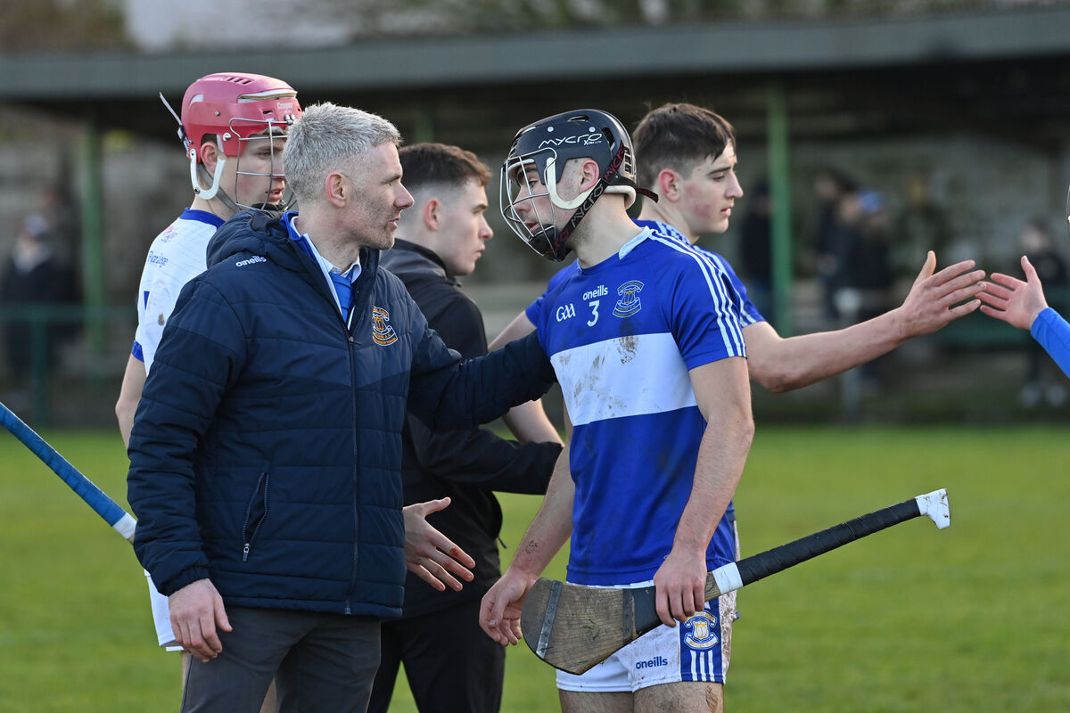  Gaelcholaiste Mhuire AG Conchúr Ó Maonaigh with Dadhg Óg Ó Murchú after their defeat to St Flannans, Ennis in the TUS Dr Harty Cup (U19 A Hurling) semi-final at Kilmallock, Co Limerick. Picture Dan Linehan