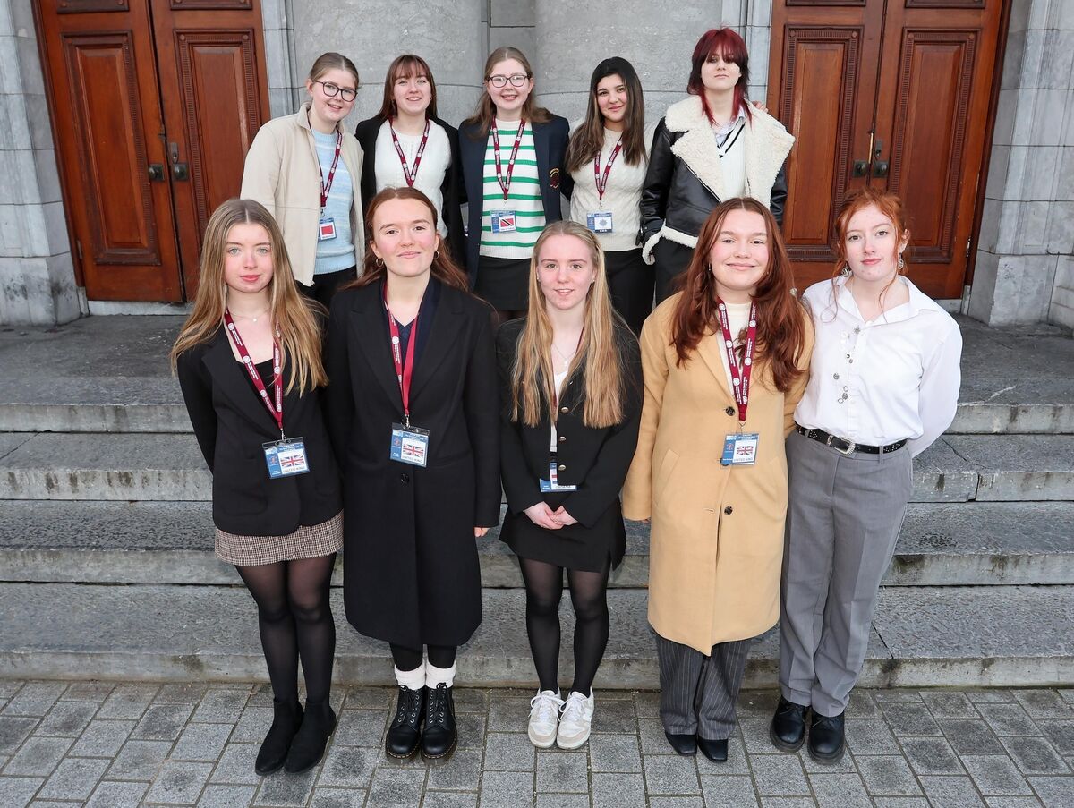 Pictured are students from Loreto Secondary School Fermoy, at Day Two of the 2025 Model United Nations, hosted by Davis College Mallow, at Cork City Hall, Cork. Picture: Jim Coughlan. Pictured are students from Loreto Secondary School Fermoy, at Day Two of the 2025 Model United Nations, hosted by Davis College Mallow, at Cork City Hall, Cork. Picture: Jim Coughlan.