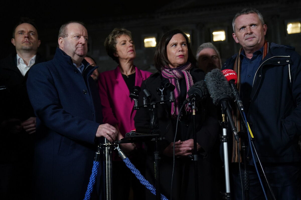 Opposition members Cian O’Callaghan, Michael Collins, Ivana Bacik, Mary Lou McDonald, and Richard Boyd Barrett voice their side of the chaotic scenes to media outlets. Picture :Brian Lawless/PA Wire