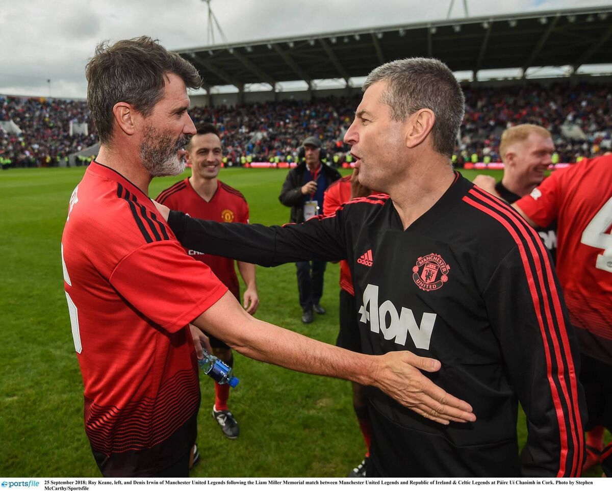 Roy Keane, left, and Denis Irwin of Manchester United Legends following the Liam Miller Memorial match between Manchester United Legends and Republic of Ireland &amp; Celtic Legends at Páirc Uí Chaoimh in Cork. Photo by Stephen McCarthy/Sportsfile