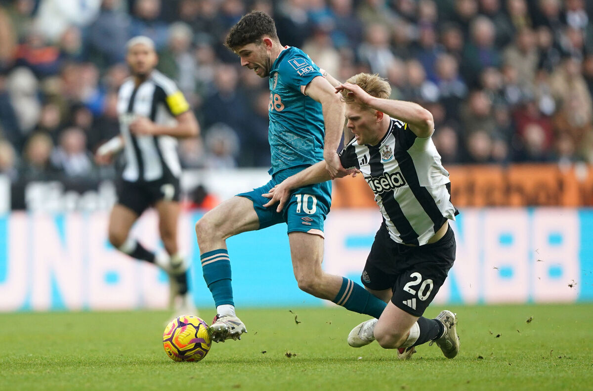 Bournemouth's Ryan Christie claims the ball against Newcastle United's Lewis Hall  during the Premier League match at St James' Park, Newcastle upon Tyne. Picture: Owen Humphreys/PA Wire
