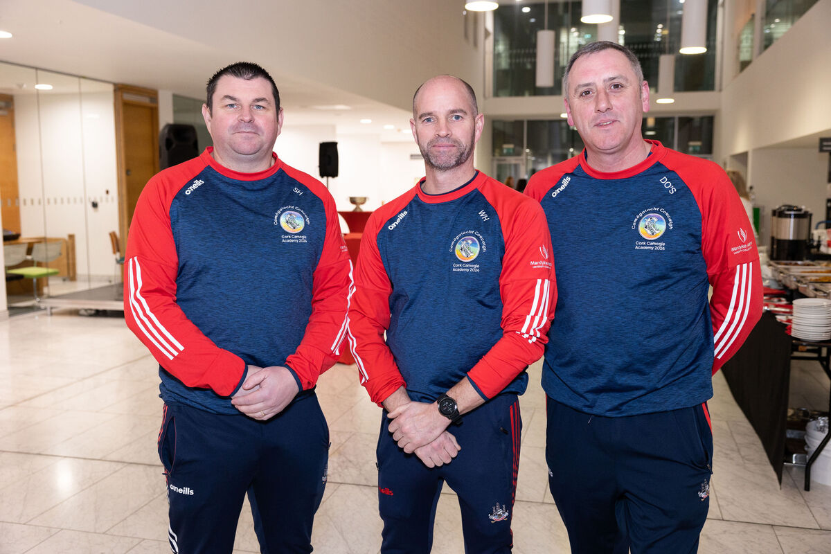 Stephen Holland, Don O’Sullivan and William Hegarty at a civic reception for the All Ireland winning Cork Camogie team in the atrium, City Hall.
