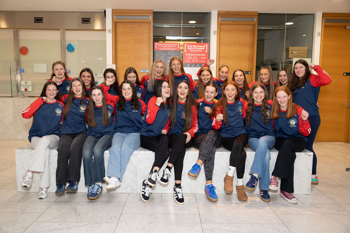 Under 16 Cork Camogie team at a civic reception for the All Ireland winning Cork Camogie team in the atrium, City Hall.
