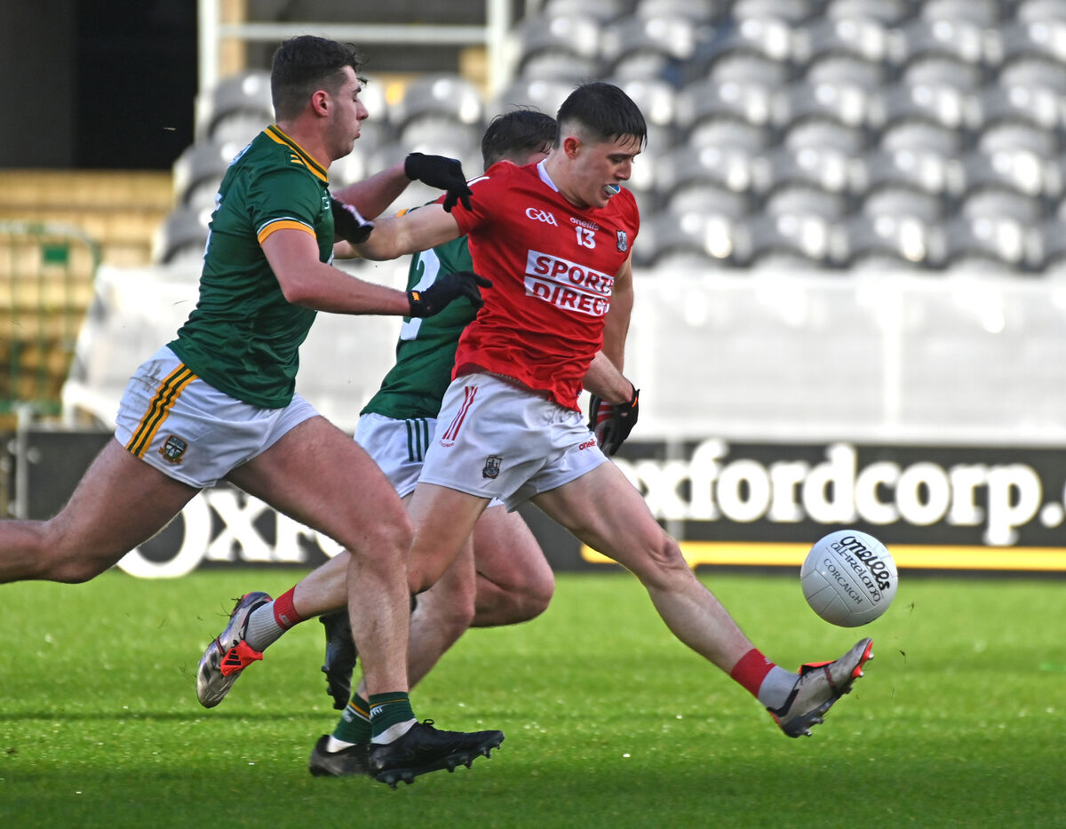 Cork's Bryan Hayes is tackled by Meath's Sam Jordan and James Reeves during the under 20 football challenge at SuperValu Pairc Ui Chaoimh. Picture: Eddie O'Hare Cork's Bryan Hayes is tackled by Meath's Sam Jordan and James Reeves during the under 20 football challenge at SuperValu Pairc Ui Chaoimh. Picture: Eddie O'Hare