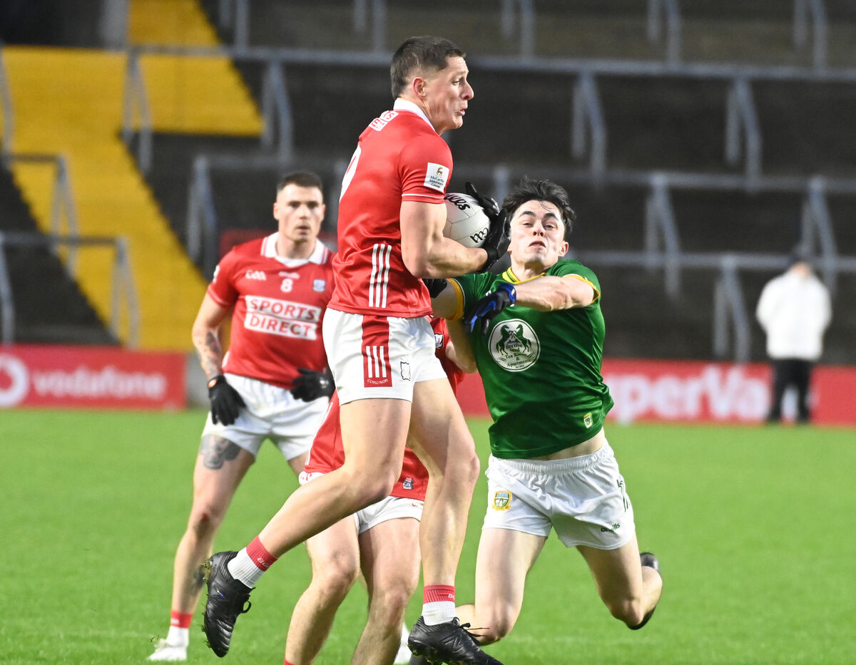 Cork's Colm O'Callaghan wins the ball from Meath's Eoin Harkin. Picture: Eddie O'Hare Cork's Colm O'Callaghan wins the ball from Meath's Eoin Harkin. Picture: Eddie O'Hare