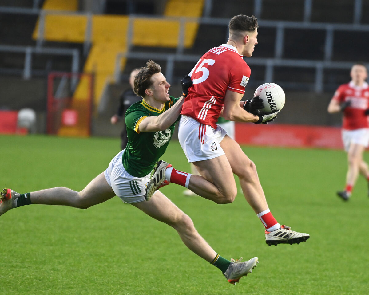 Cork's Seán McDonnell wins the ball from Meath's Adam O'Neill. Picture: Eddie O'Hare Cork's Seán McDonnell wins the ball from Meath's Adam O'Neill. Picture: Eddie O'Hare