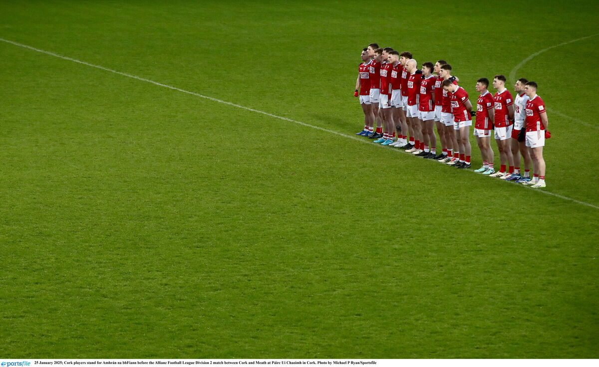 Cork players stand for the national anthem before the Meath game. Picture: Michael P Ryan/Sportsfile