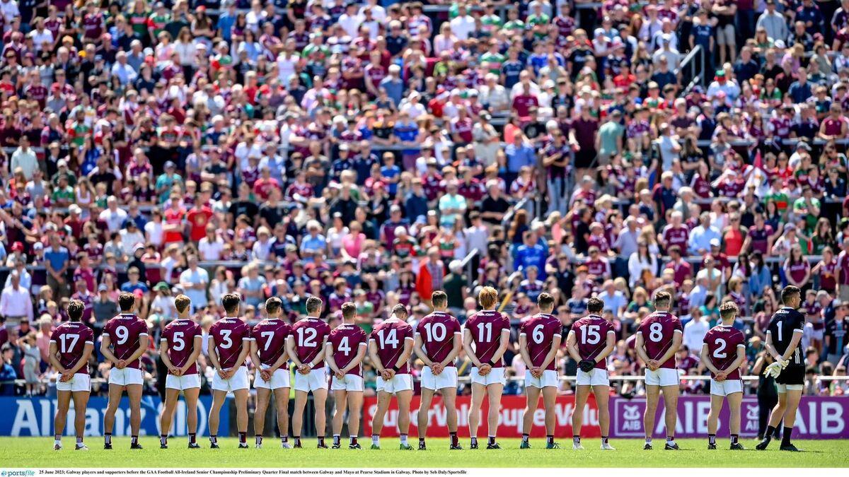 Galway players and supporters before the GAA Football All-Ireland Senior Championship Preliminary Quarter Final match between Galway and Mayo at Pearse Stadium in Galway in 2023. Picture: Seb Daly/Sportsfile