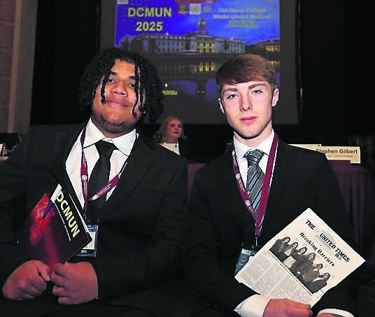 David Udeh and Oscar Doherty, both Douglas Community School, at the 2025 Model United Nations, hosted by Davis College Mallow, at Cork City Hall.	Picture: Jim Coughlan
                    