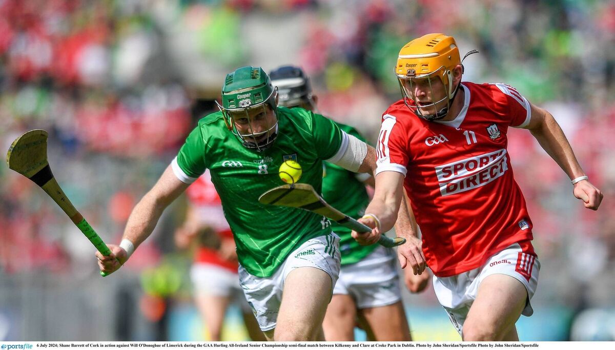 Shane Barrett takes on Will O'Donoghue. Picture: John Sheridan/Sportsfile