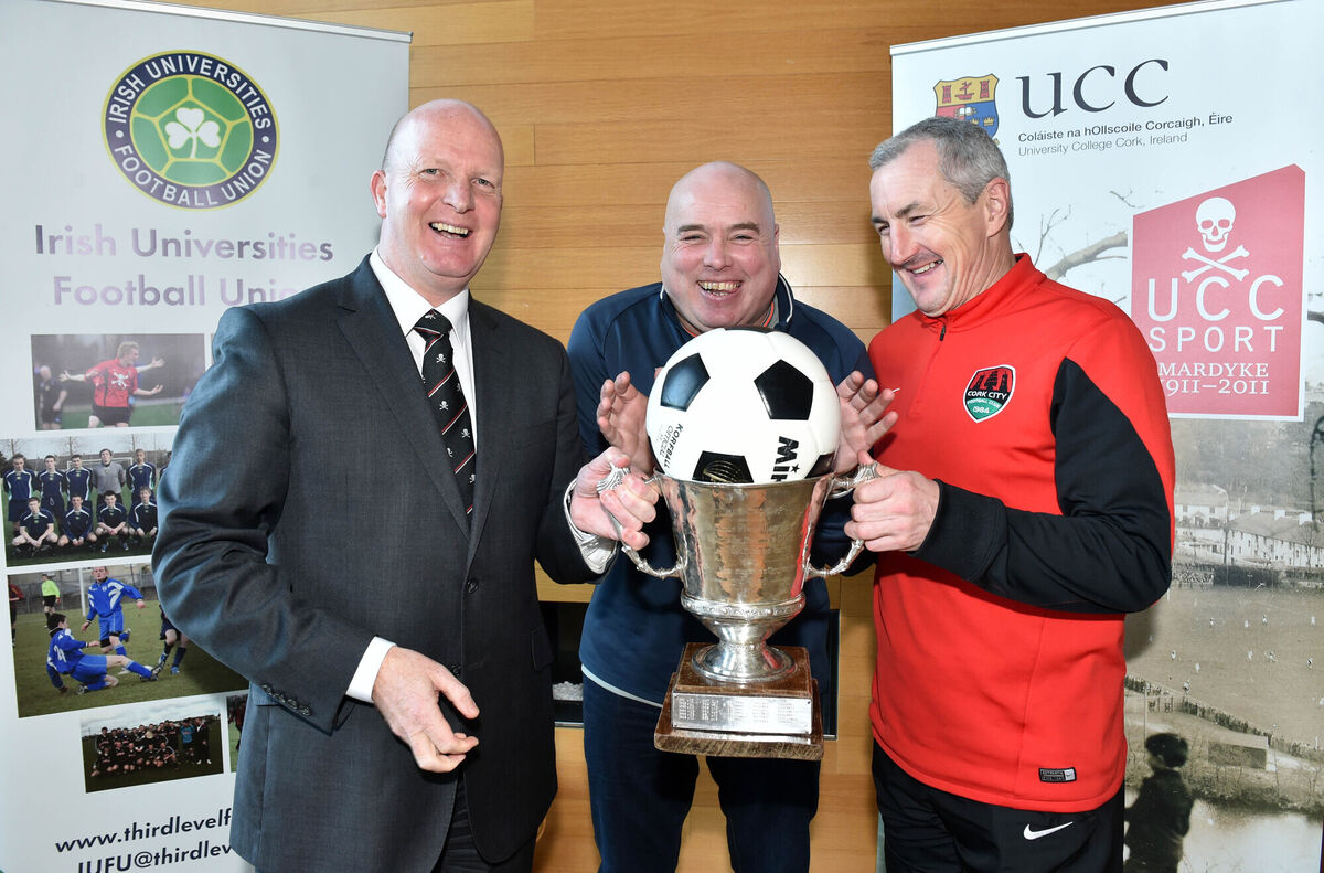 Noel Healy, manager UCC AFC with the Collingwood cup as current holders with UCC , with Declan Roche, head coach DCU and John Caulfield, Cork City manager and former UCC Collingwood cup manager at the draw and launch of the Irish Universities Collingwood cup to be held in Cork From February 23rd to 26th 2016 Noel Healy, manager UCC AFC with the Collingwood cup as current holders with UCC , with Declan Roche, head coach DCU and John Caulfield, Cork City manager and former UCC Collingwood cup manager at the draw and launch of the Irish Universities Collingwood cup to be held in Cork From February 23rd to 26th 2016