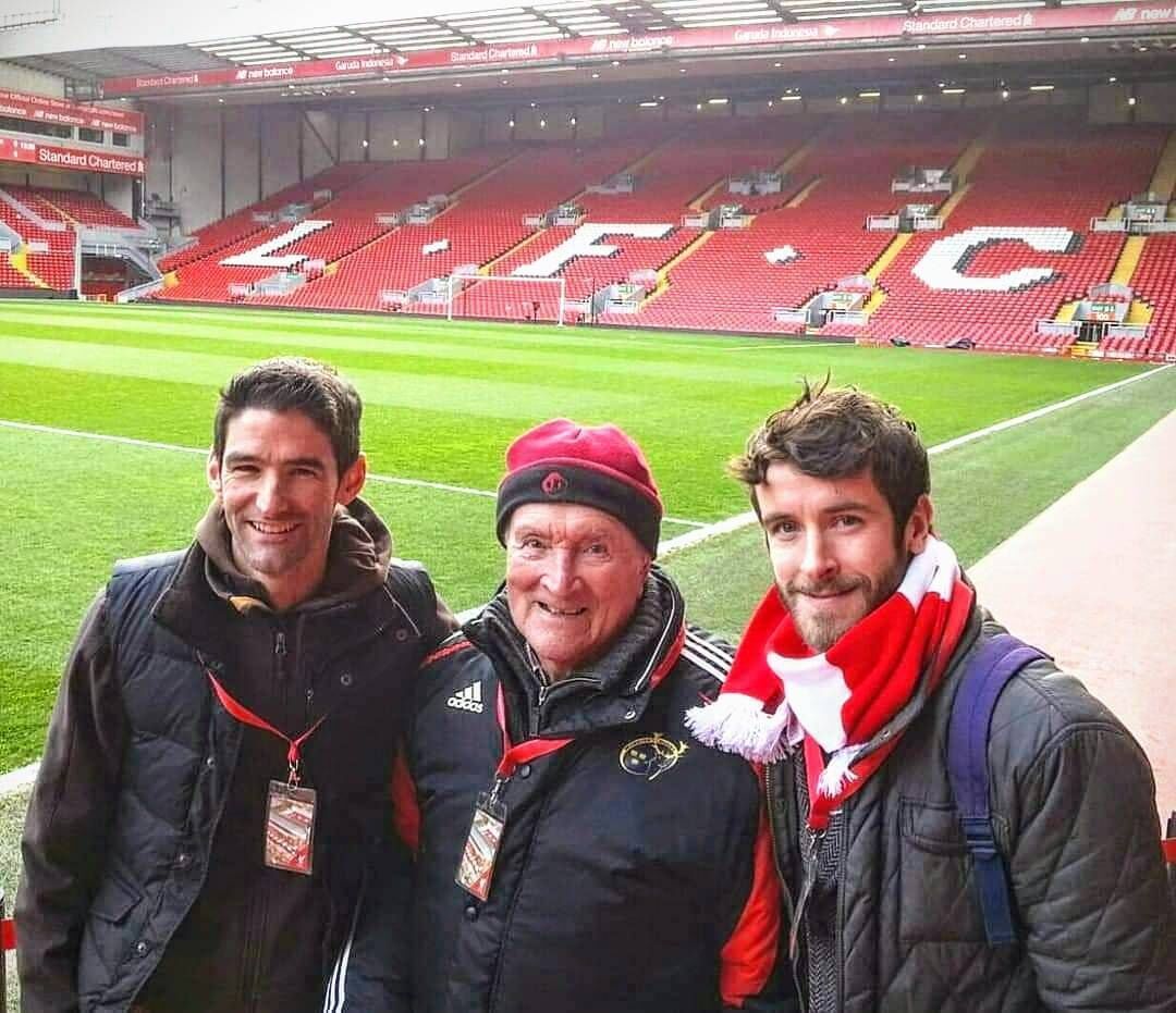 Eddie Hogan with his grandsons Éamonn Murphy and Cormac Murphy at Anfield.