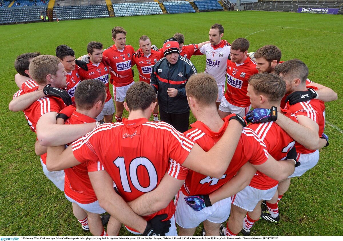 Cork senior football manager Brian Cuthbert speaks to his players in 2014. Picture: Diarmuid Greene/Sportsfile