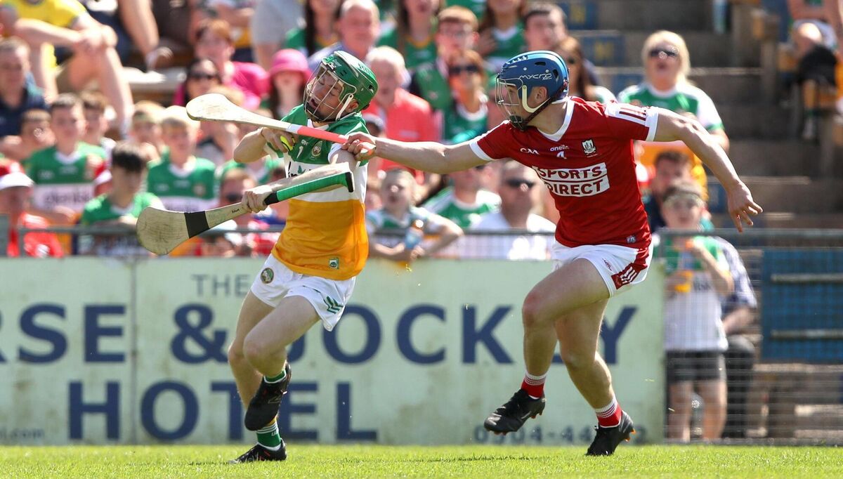 Darragh O'Sullivan of Cork in action against Offaly's Adam Screeney in the 2023 oneills.com All-Ireland U20HC final at FBD Semple Stadium in Thurles. Picture: Michael P Ryan/Sportsfile Darragh O'Sullivan of Cork in action against Offaly's Adam Screeney in the 2023 oneills.com All-Ireland U20HC final at FBD Semple Stadium in Thurles. Picture: Michael P Ryan/Sportsfile