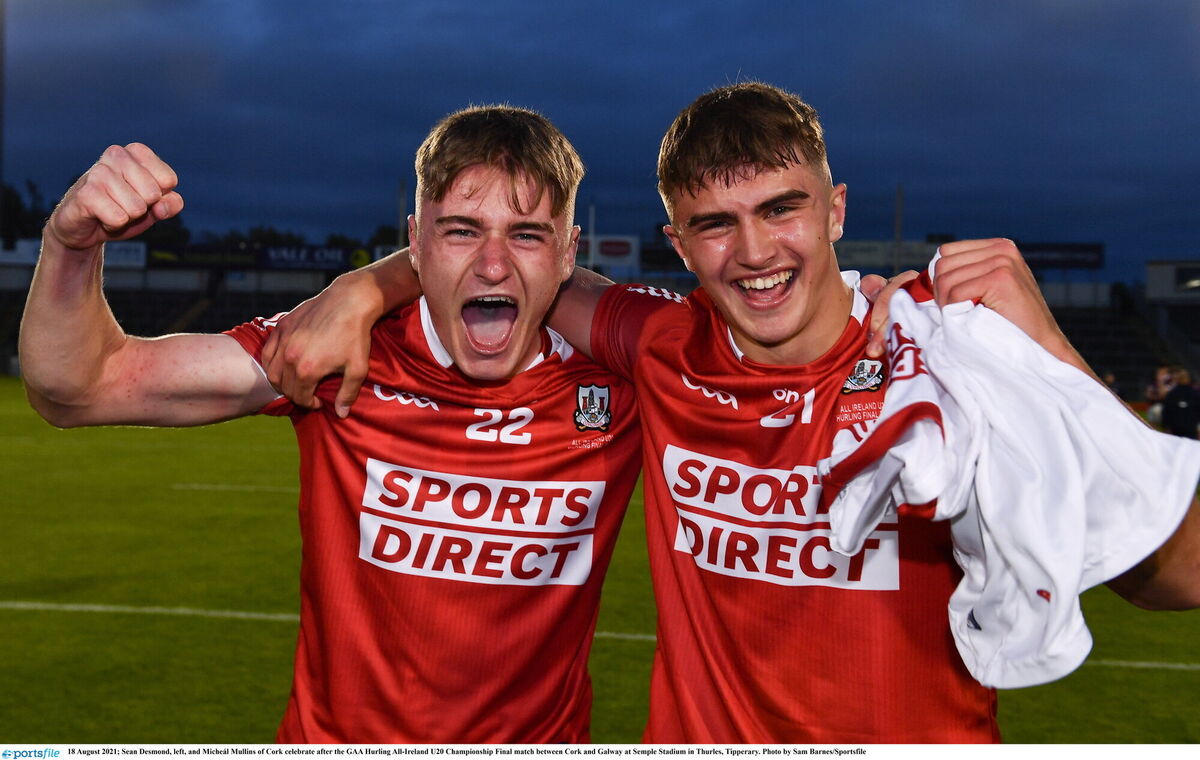 Micheál Mullins (right) and Seán Desmond of Cork celebrate after the All-Ireland U20 Hurling Championship Final win over Galway at Semple Stadium in Thurles, Tipperary. Picture: by Sam Barnes/Sportsfile