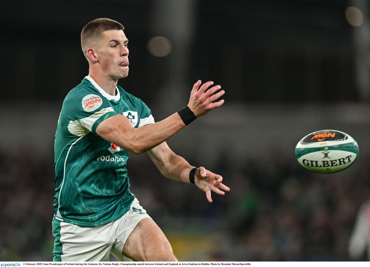 Sam Prendergast of Ireland during the Guinness Six Nations Rugby Championship match between Ireland and England at Aviva Stadium in Dublin. Photo by Brendan Moran/Sportsfile