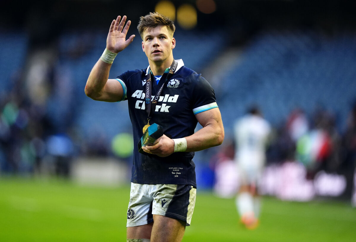 Scotland's Huw Jones holds the player of the match award following the Guinness Six Nations match against Italy at Murrayfield Stadium, Edinburgh. Picture date: Saturday February 1, 2025.