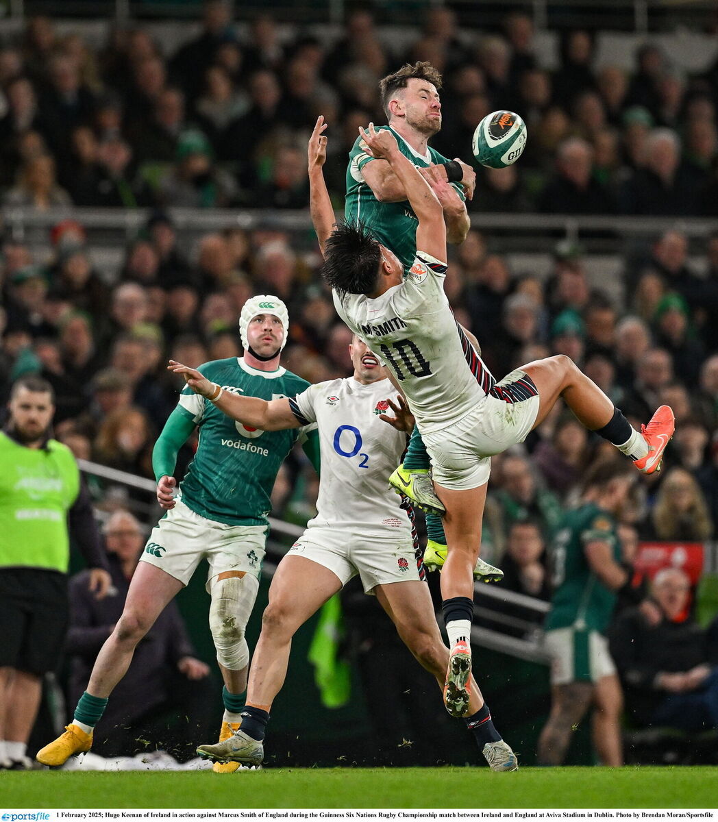Hugo Keenan of Ireland in action against Marcus Smith of England. Picture: Brendan Moran/Sportsfile Hugo Keenan of Ireland in action against Marcus Smith of England. Picture: Brendan Moran/Sportsfile