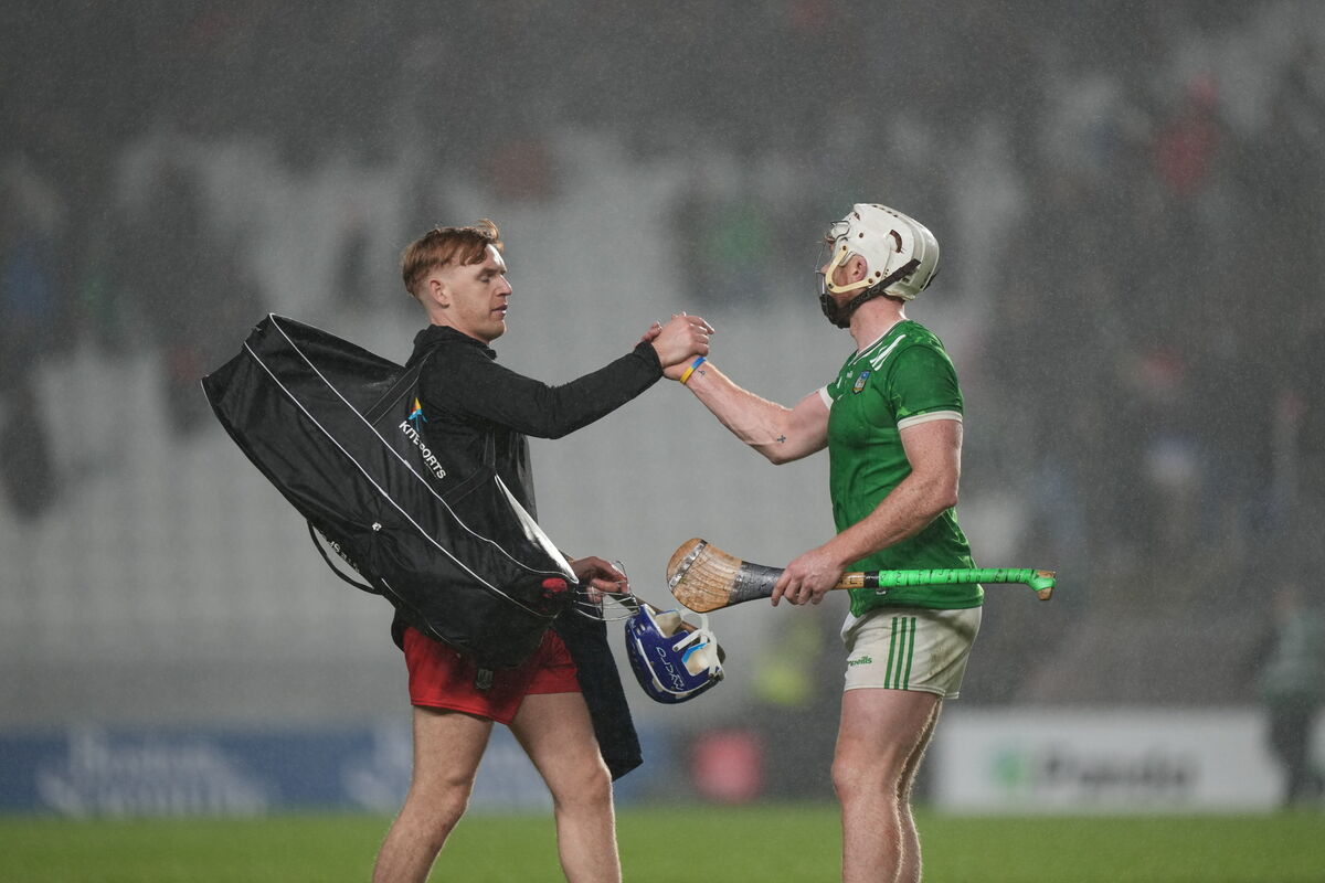 Cian Lynch of Limerick and Patrick Collins of Cork after the draw on Saturday. Picture: INPHO/James Lawlor