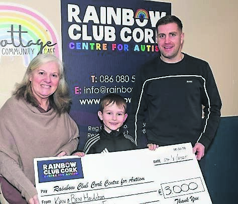 Ben Houlihan, aged 7, and dad Kian from Glanmire, presenting a cheque for €3,000 to Karen O’Mahony, CEO of the Rainbow Club Cork Centre for Autism in Mahon. Ben and Kian raised the funds after swimming 100 lengths of a pool (2.5 kilometers approx). Picture: David Keane
Ben Houlihan, aged 7, and dad Kian from Glanmire, presenting a cheque for €3,000 to Karen O’Mahony, CEO of the Rainbow Club Cork Centre for Autism in Mahon. Ben and Kian raised the funds after swimming 100 lengths of a pool (2.5 kilometers approx). Picture: David Keane