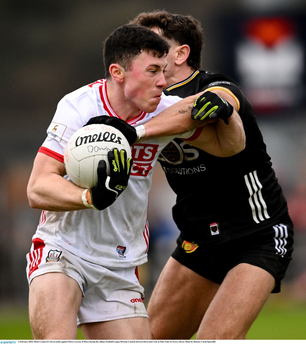 Mark Cronin of Cork in action against Pierce Laverty of Down during the Allianz Football League Division 2 match between Down and Cork at Páirc Esler in Newry, Down. Picture: Ramsey Cardy/Sportsfile Mark Cronin of Cork in action against Pierce Laverty of Down during the Allianz Football League Division 2 match between Down and Cork at Páirc Esler in Newry, Down. Picture: Ramsey Cardy/Sportsfile