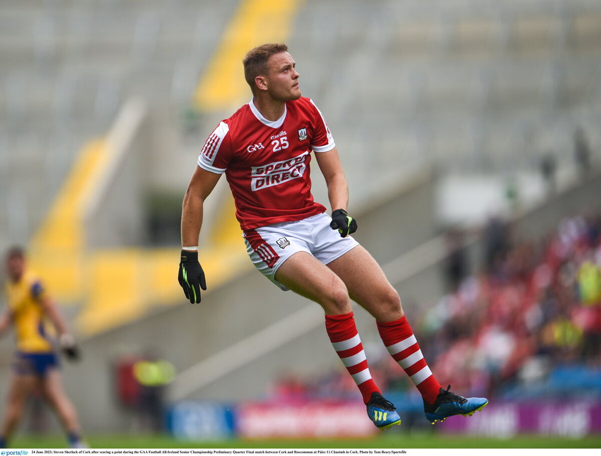 Steven Sherlock after scoring a point during the GAA Football All-Ireland Senior Championship Preliminary Quarter Final match in 2023. Photo by Tom Beary/Sportsfile Steven Sherlock after scoring a point during the GAA Football All-Ireland Senior Championship Preliminary Quarter Final match in 2023. Photo by Tom Beary/Sportsfile