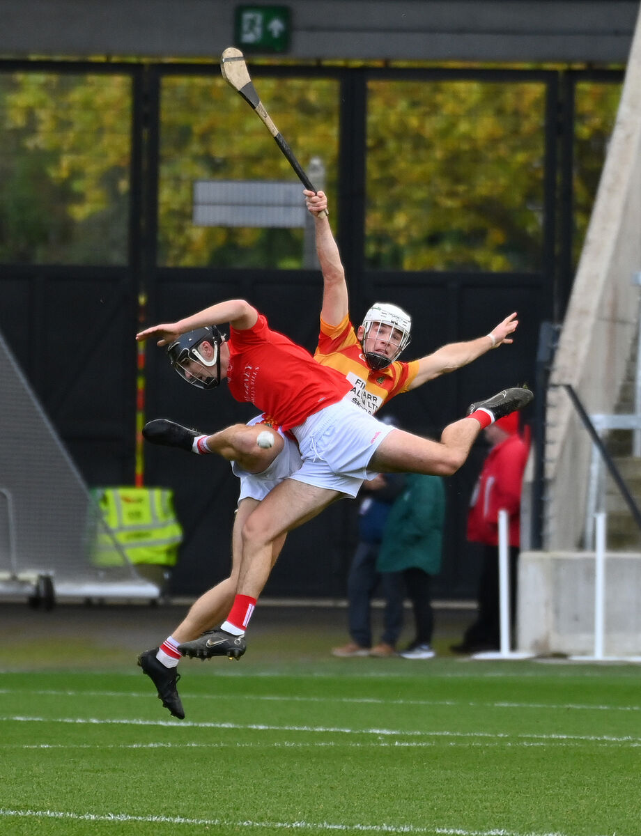 Pádraig Power contests possession in the air against Newcestown's Gearóid O'Donovan in the 2023 Co-op SuperStores Cork SAHC final at Páirc Uí Chaoimh. Picture: Eddie O'Hare