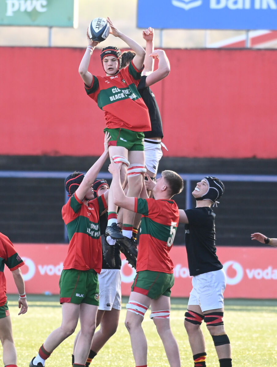 Clonakilty Community college's Eamonn Murphy gathers the lineout from CBC's Ciaran Kelly during the Munster junior schools cup game at Virgin Media Park. Picture: Eddie O'Hare