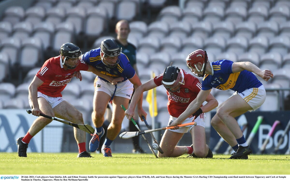 Cork's Sam Quirke (left) and Ethan Twomey battle for possession against Kian O'Kelly and Seán Hayes during the Munster U20HC semi-final in Thurles in 2021. Picture: Ben McShane/Sportsfile