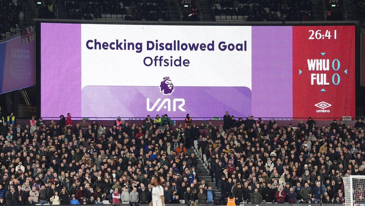 The big screen displaying a VAR check for offside during the Premier League match at the London Stadium. Picture: Zac Goodwin/PA Wire.