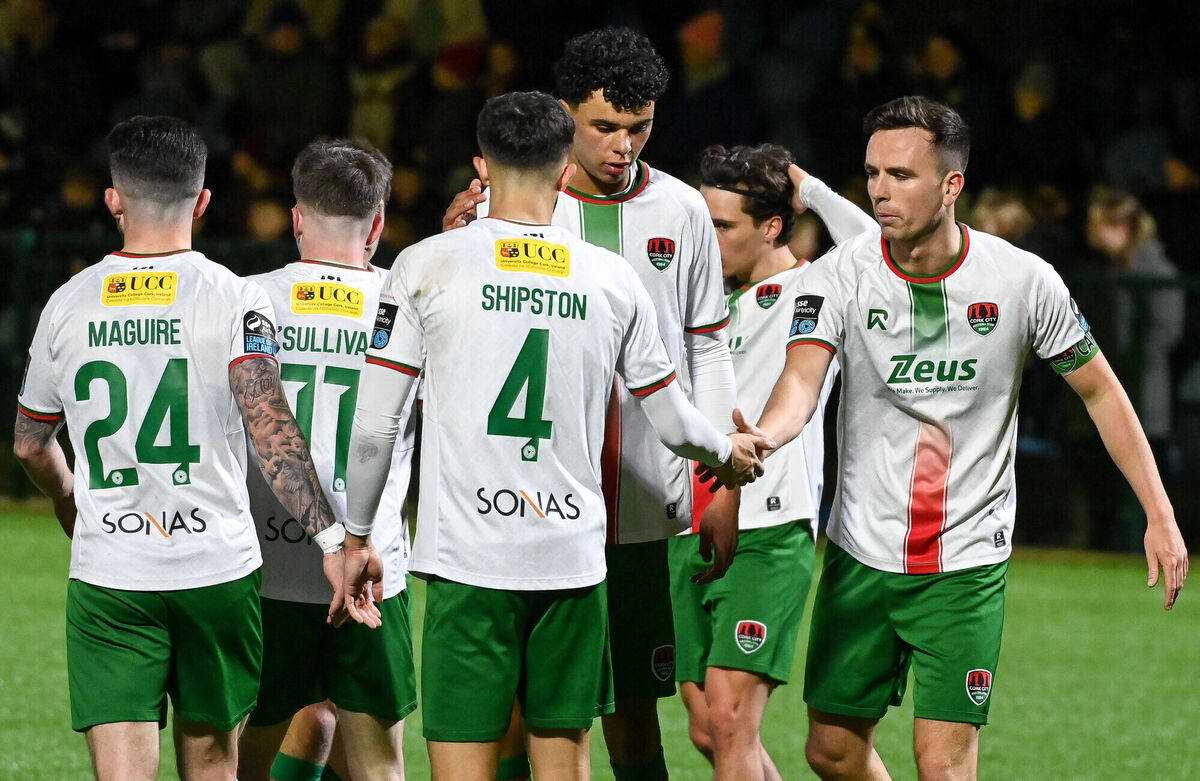  Cork City players celebrating after scoring against Cobh Ramblers. Picture: David Keane.