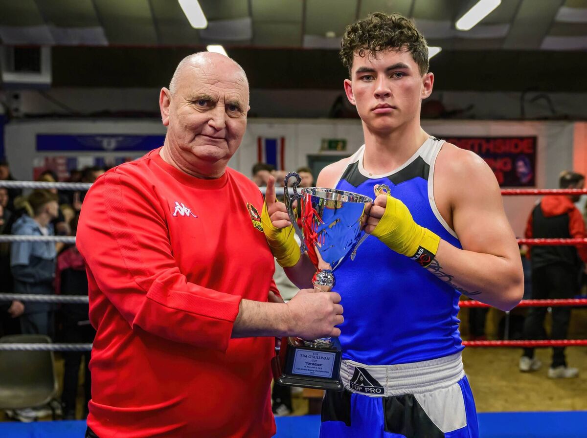 Cork Boxing: Paddy McSweeney of Spartan BC and the Cork Ex-Boxers Association presents Arthur O’Donnell of Charleville with the best boxer award, the Tim O’Sullivan Cup, at the County Boxing Championships. Picture: Doug Minihane Cork Boxing: Paddy McSweeney of Spartan BC and the Cork Ex-Boxers Association presents Arthur O’Donnell of Charleville with the best boxer award, the Tim O’Sullivan Cup, at the County Boxing Championships. Picture: Doug Minihane