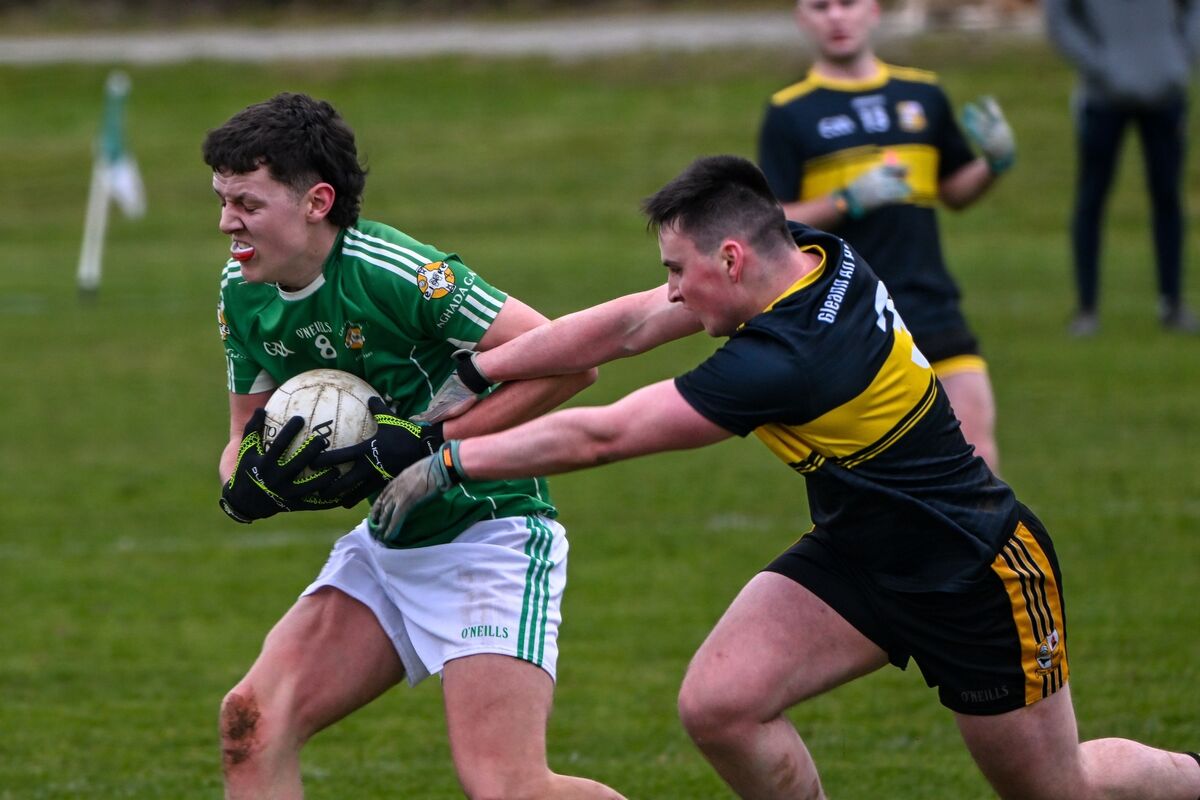 Glenville's Donal Sheehan tackles Aghada's John Walsh during the Cork U21 B Football Championship clash. Picture Chani Anderson Glenville's Donal Sheehan tackles Aghada's John Walsh during the Cork U21 B Football Championship clash. Picture Chani Anderson