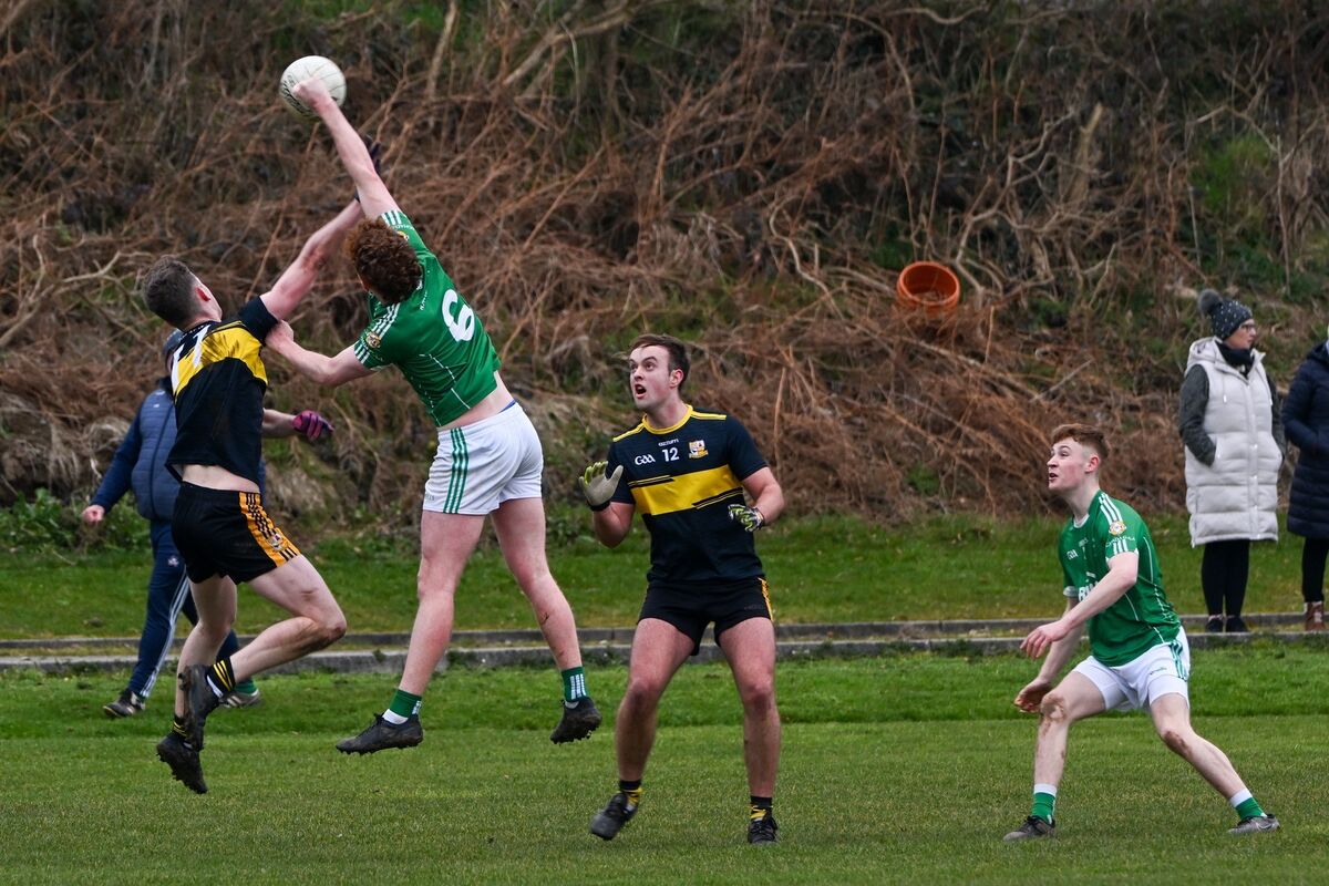 Glenville's Eanna Fitzgerald Aghada's John Walsh battle for the high ball. Picture Chani Anderson Glenville's Eanna Fitzgerald Aghada's John Walsh battle for the high ball. Picture Chani Anderson