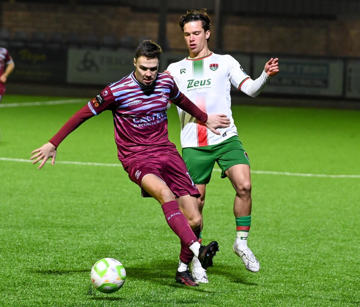  Cobh Ramblers' Cian Coleman wins possession ahead of Cork City's Bernardo Couto. Picture: David Keane.