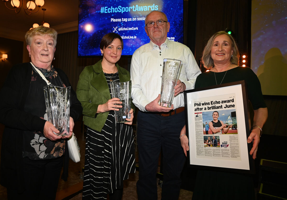 Gerry and Phil Healy, representing their daughter Phil Healy, with Marie Keating (left) Hall of Fame winner and Ogla O'Sullivan, outstanding achievement award at The Echo Women in Sport Awards at the Metropole Hotel. Picture: Eddie O'Hare