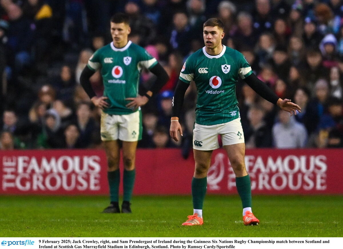 Jack Crowley, right, and Sam Prendergast. Picture: Ramsey Cardy/Sportsfile