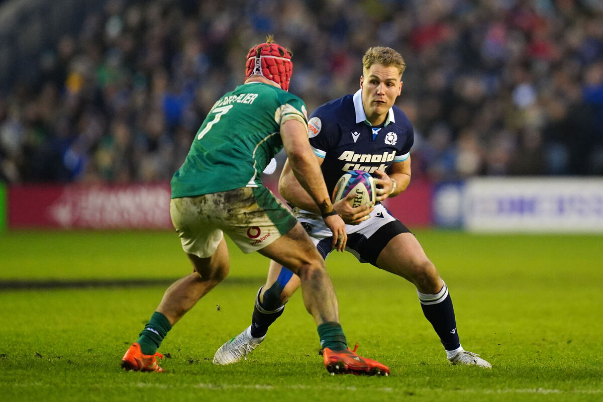 Scotland's Duhan van der Merwe and Ireland's Josh van der Flier battle for the ball. Picture: Jane Barlow/PA Wire. Scotland's Duhan van der Merwe and Ireland's Josh van der Flier battle for the ball. Picture: Jane Barlow/PA Wire.