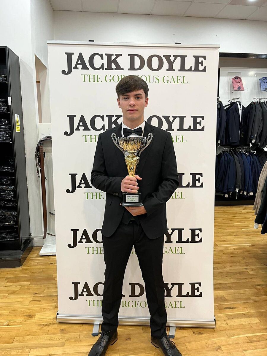 Leone Crowley after winning the World Junior Snooker Championship in Morocco, wearing the award winning Jack Doyle dress suit recently at the suits.ie showroom in Ballycurreen.
