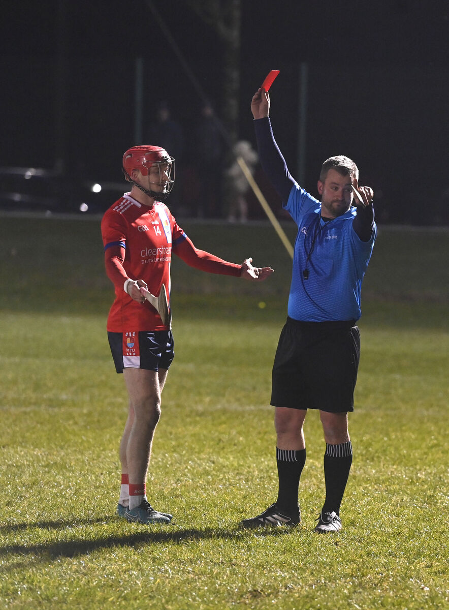 A red card for Alan Connolly (Blackrock) MTU Cork for a dangerous tackle against defender Michael Corcoran UL in the Fitzgibbon Cup semi-final: Cork MTU v University of Limerick, UL at , Mallow. Pic Larry Cummins A red card for Alan Connolly (Blackrock) MTU Cork for a dangerous tackle against defender Michael Corcoran UL in the Fitzgibbon Cup semi-final: Cork MTU v University of Limerick, UL at , Mallow. Pic Larry Cummins