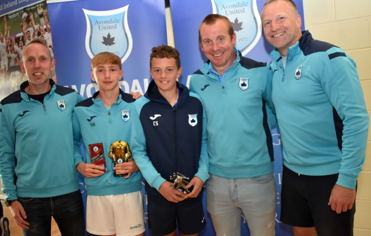 Presentation of Annual Awards at Avondale Utd., Cork REPRO FREE 07.06.2024 Avondale's U 13 Player of the Year, Sam Bruton and Clubman of the Year, Cian Shannon with coaches, Ken Bruton, Micheal Mulconry and David Spratt at the club's awards night.